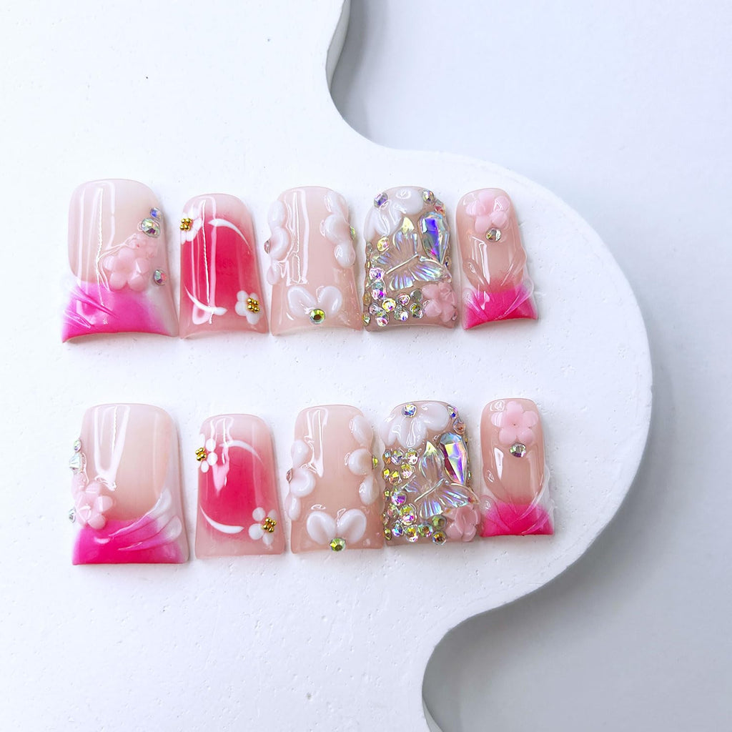 RIICFDD 10 Pcs Handmade Press-On Nails – Medium Duck, Rose Pink with 3D Flowers & Butterfly Rhinestones
