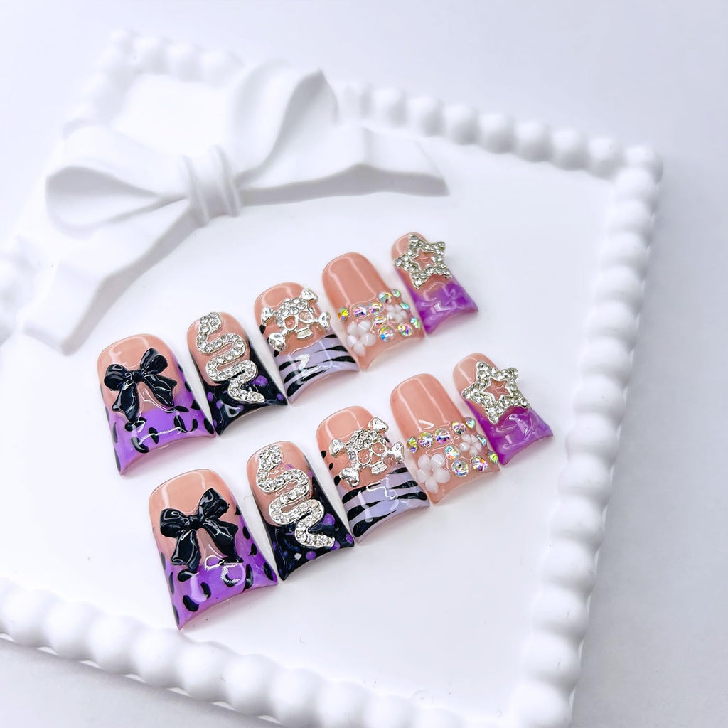 RIICFDD Duck 3D Nails Set – Almond Shape, Bow & Stars Rhinestones, Full Cover, Reusable