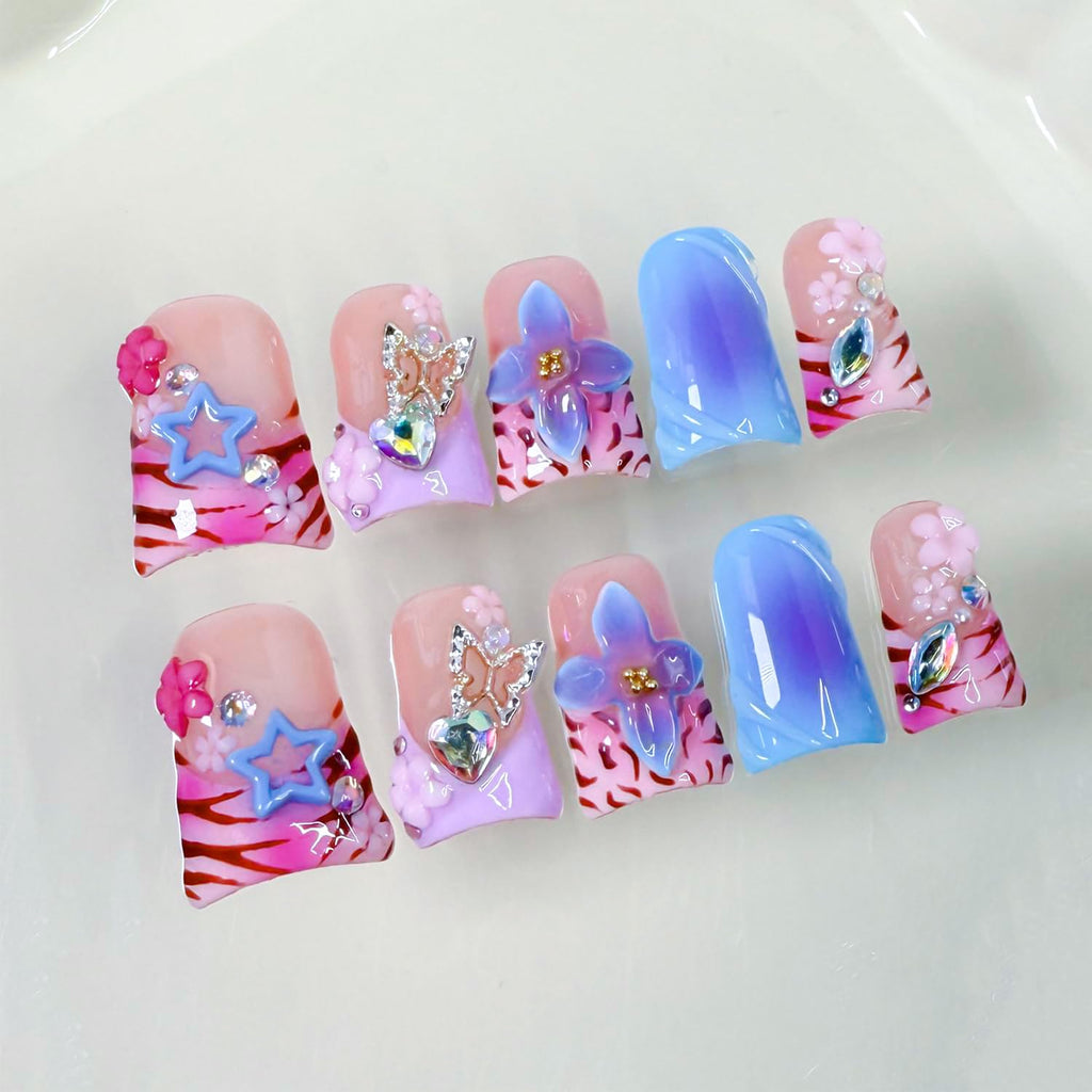 RIICFDD Thick Press On Nails – Medium Duck Nails with 3D Flower Art, Gems, Reusable Acrylic
