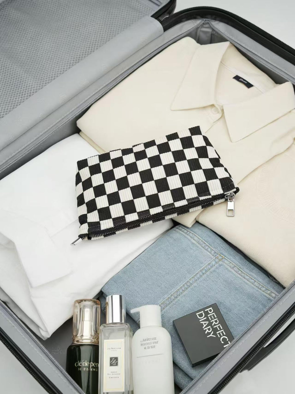 RIKMOXR Black and White Checkered Makeup Bag Set of 2 – Corduroy Cosmetic Pouches for Women, Travel Toiletry Organizer