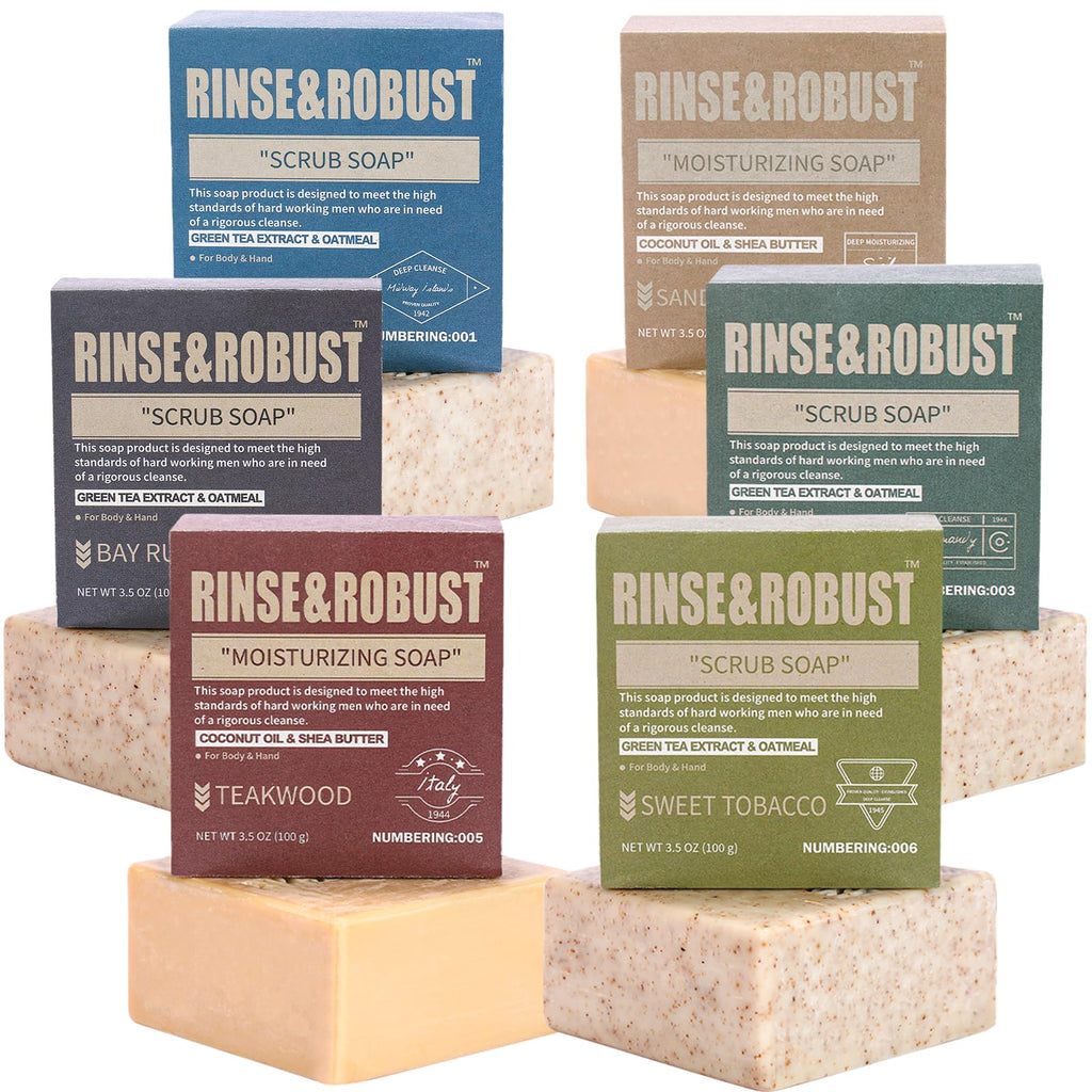 Rinse & Robust Mens Natural Bar Soap 6-Piece Gift Set – Exfoliating & Moisturizing Bars