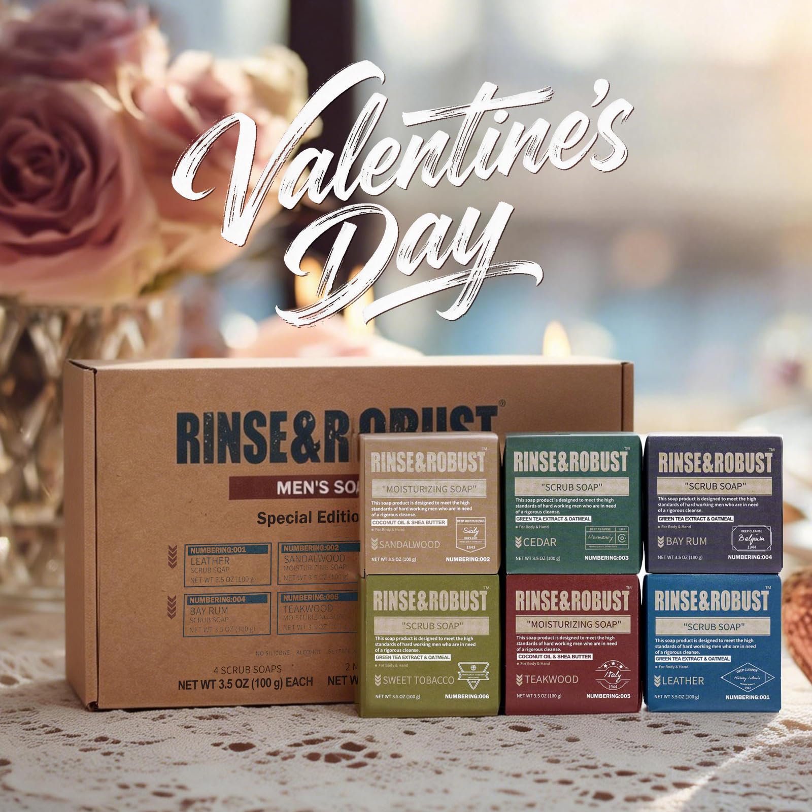 Rinse & Robust Mens Natural Bar Soap 6-Piece Gift Set – Exfoliating & Moisturizing Bars