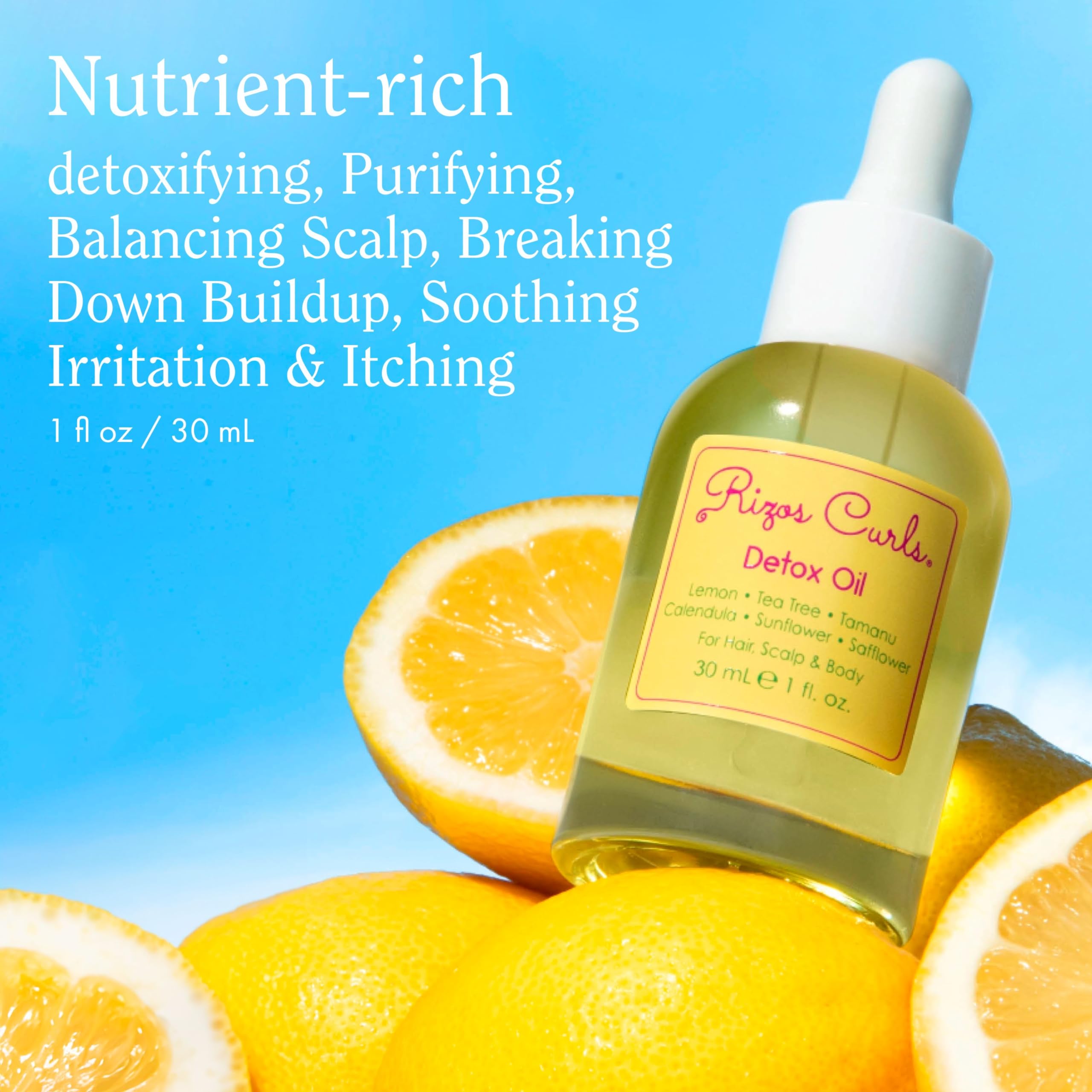 Rizos Curls Detox Oil – Detox & Balance Scalp, Reduce Buildup, Soothe Irritation | Tea Tree & Lemon, 1 oz