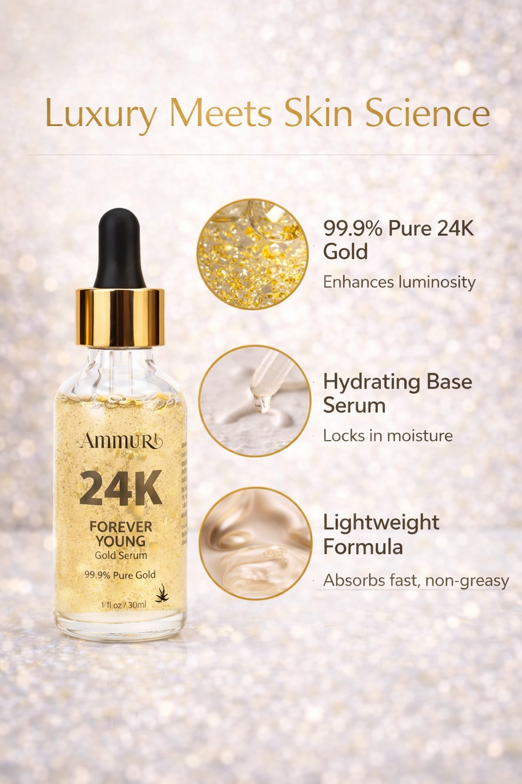 Ammuri 24K Gold Face Serum - Anti-Ageing Collagen Booster Dark Circle Treatment