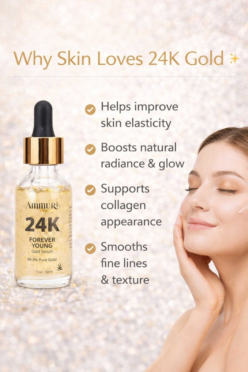 Ammuri 24K Gold Face Serum - Anti-Ageing Collagen Booster Dark Circle Treatment