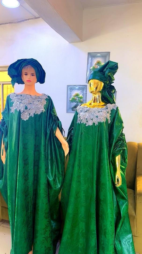 Green African Women's Traditional Bazin Riche Robe For Wedding and Party