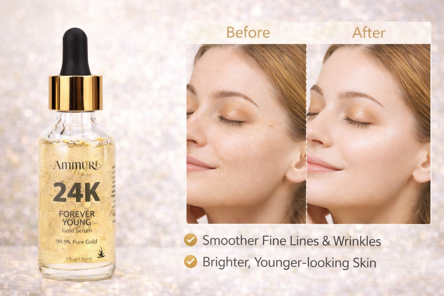 Ammuri 24K Gold Face Serum - Anti-Ageing Collagen Booster Dark Circle Treatment