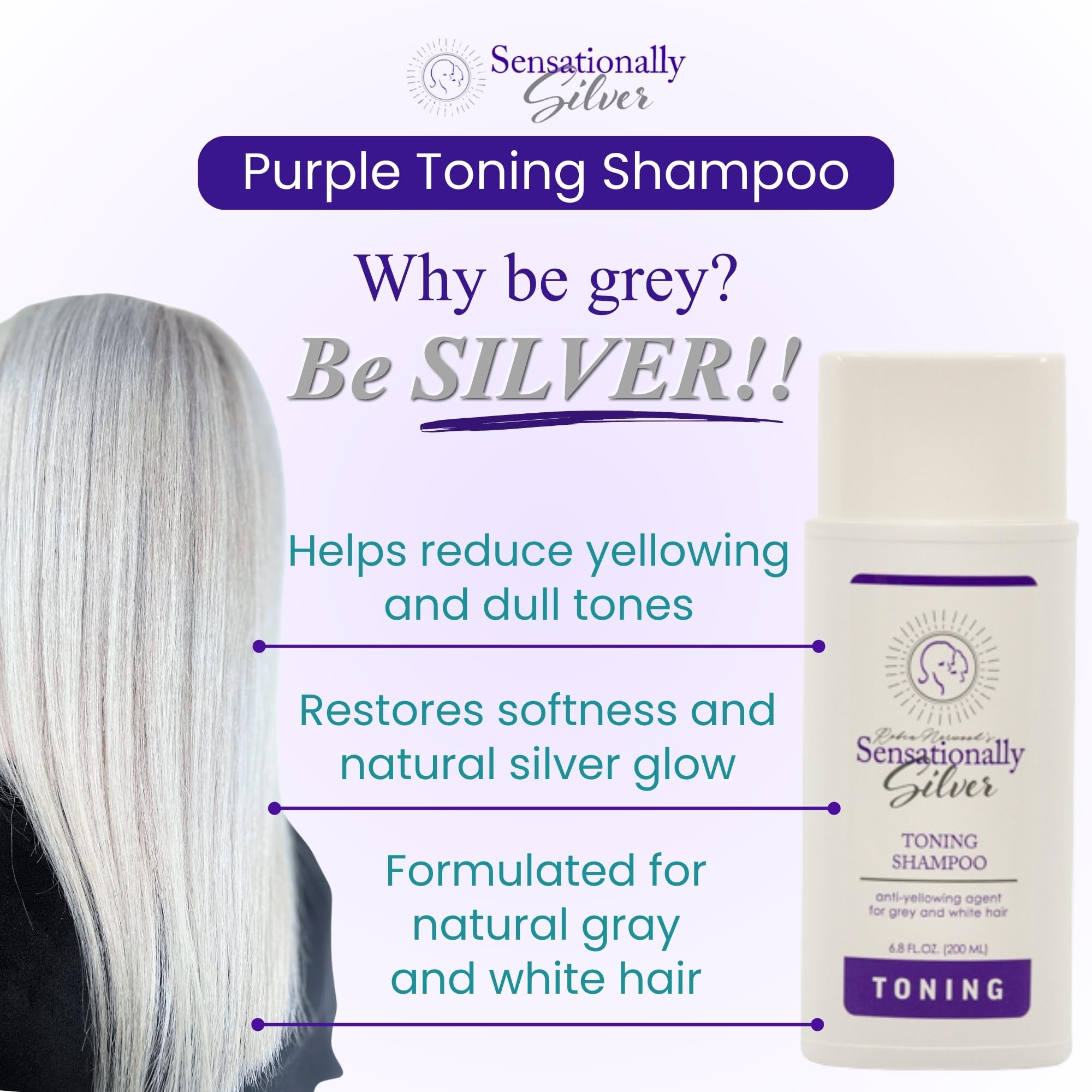 Robin Norwood's Sensationally Silver Toning Shampoo – Purple Shampoo for Gray & White Hair – Restores Shine & Neutralizes Yellowing – 6.8 oz