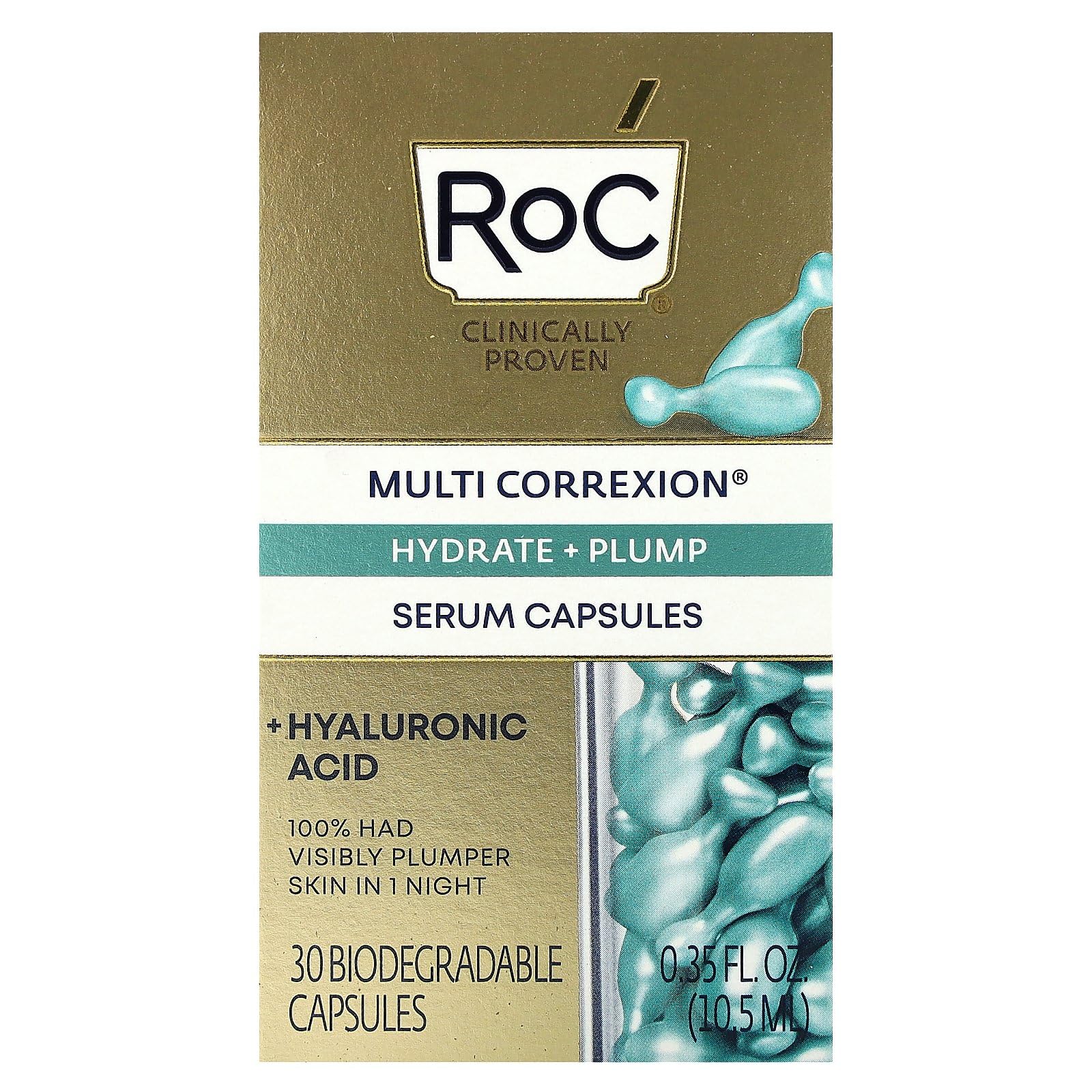 RoC Multi CorreXion Hydrate + Plump Night Serum Capsules – Fragrance-Free, Biodegradable, 30 Caps