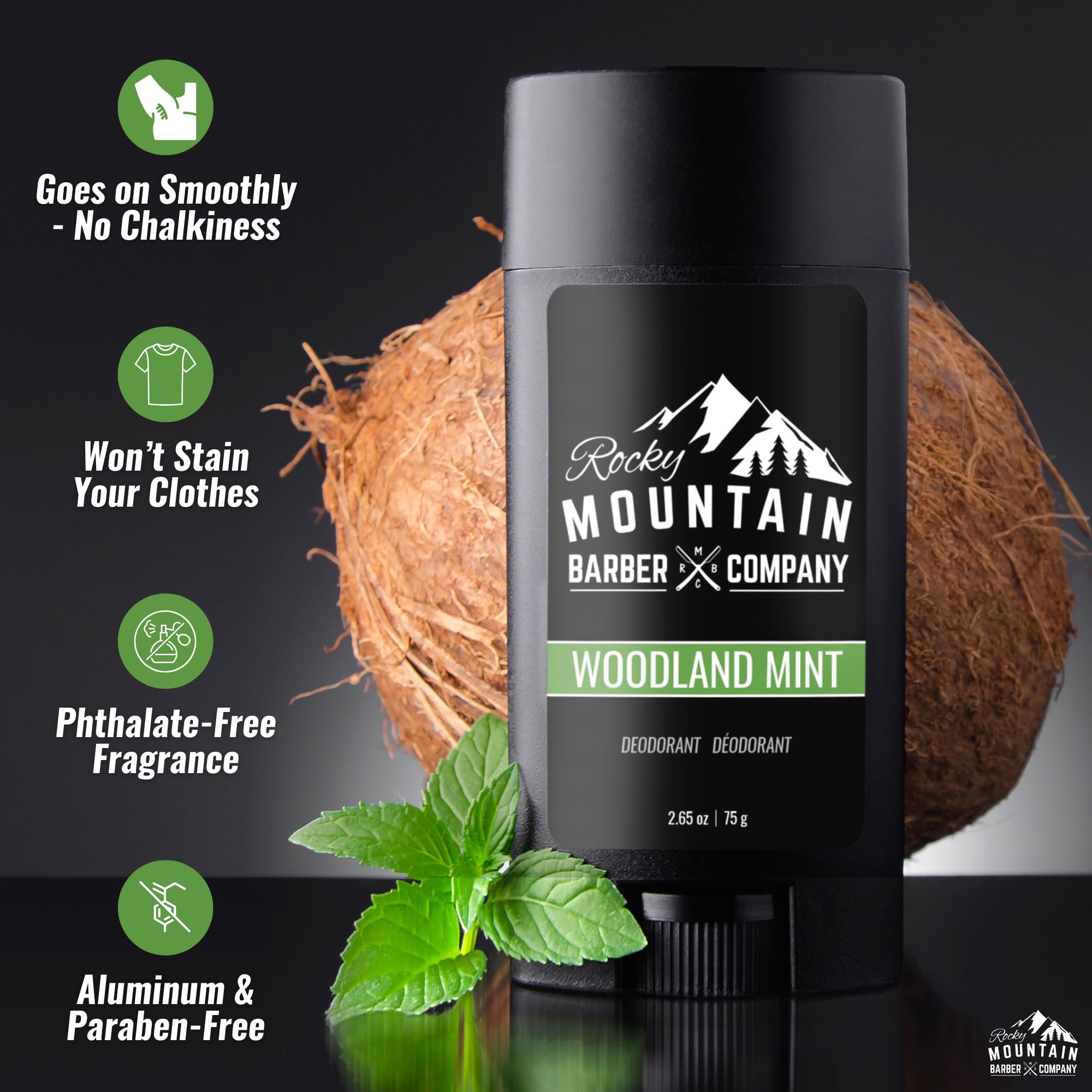 Rocky Mountain Barber Co – Natural Deodorant for Men (2 Pack) – Aluminum-Free, Woodland Mint