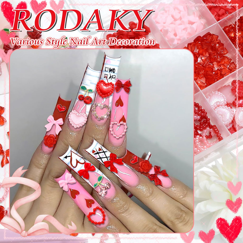 RODAKY Bow Nail Charms Pink Red Heart – 3D Cherry Nail Art Gems