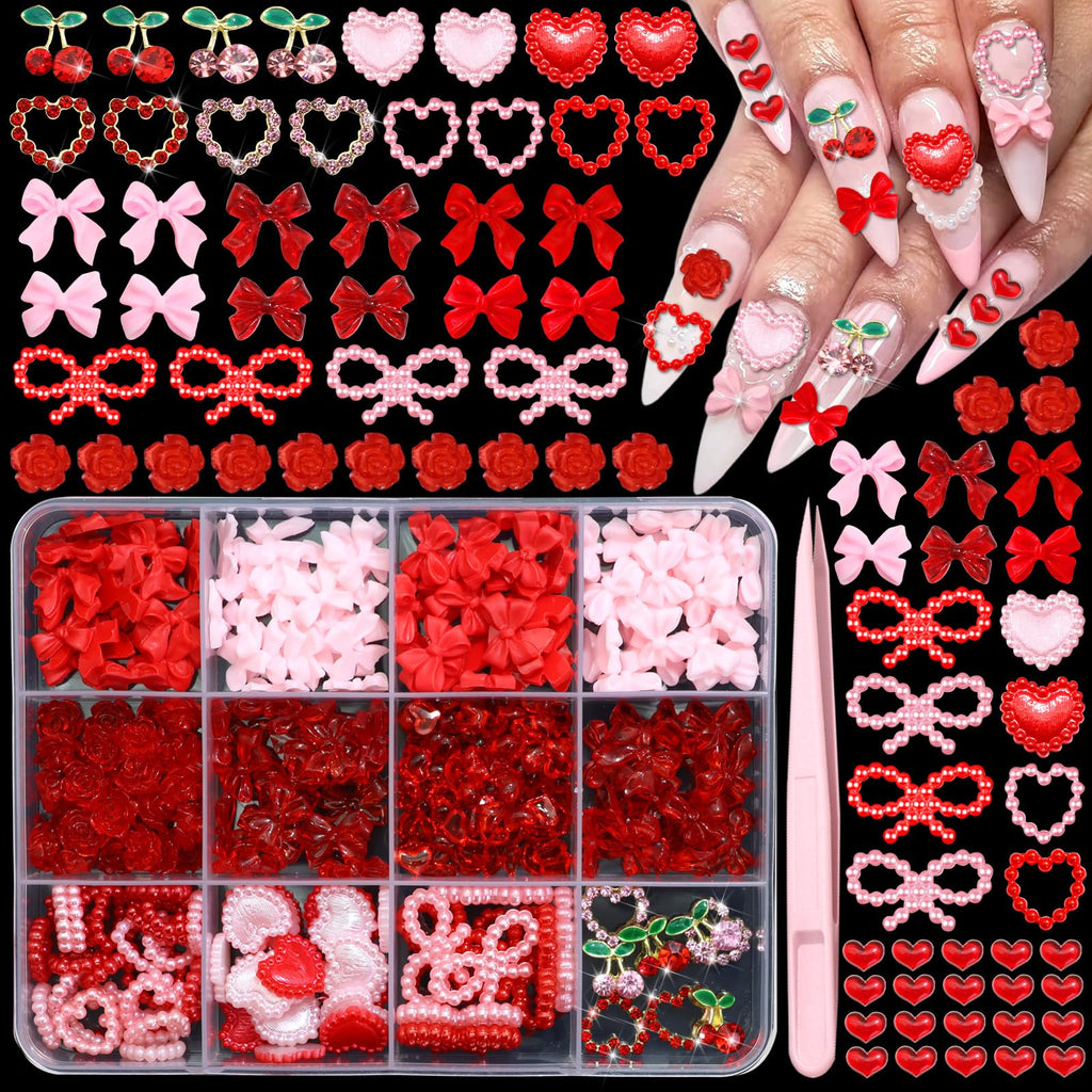 RODAKY Bow Nail Charms Pink Red Heart – 3D Cherry Nail Art Gems
