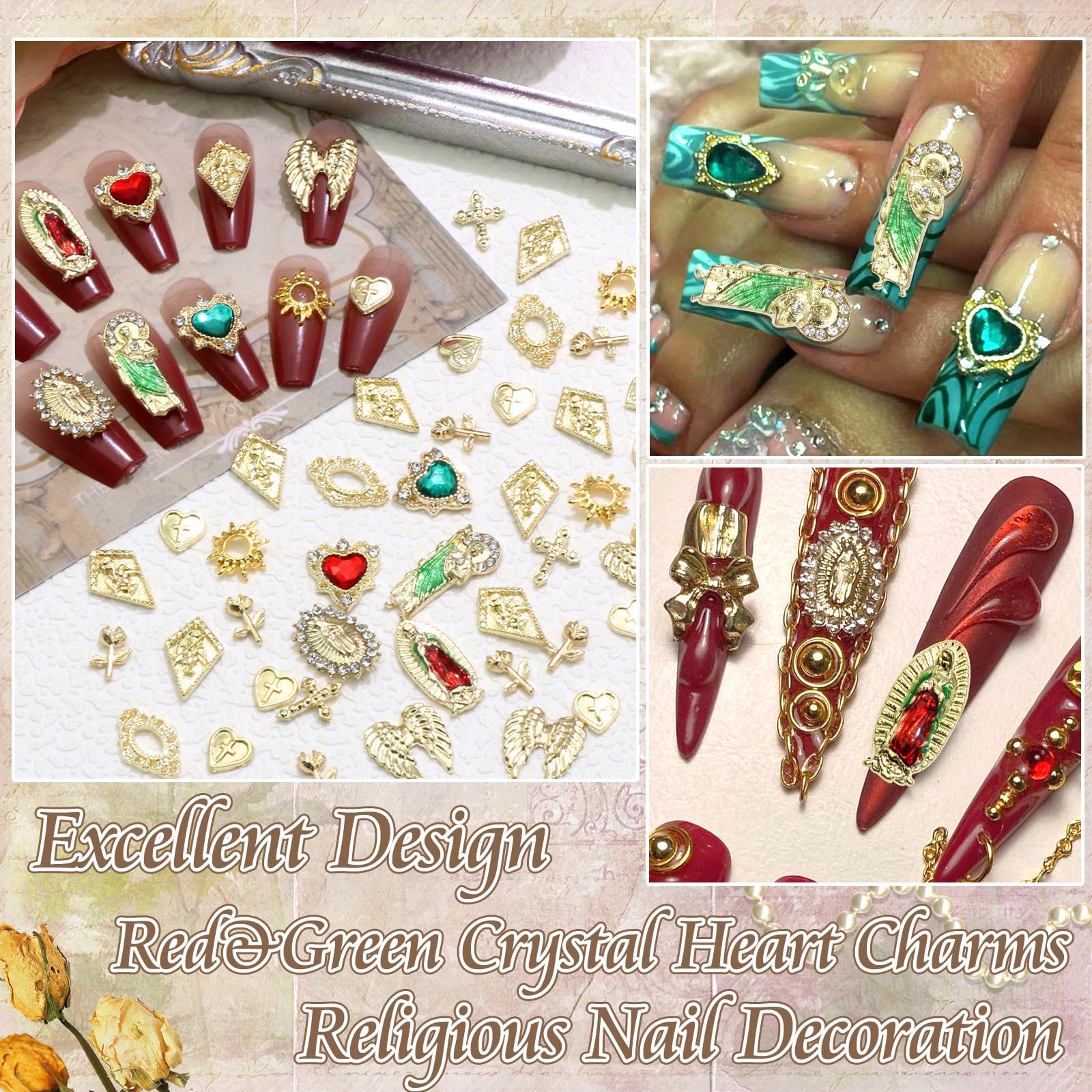 Rodaky 60pcs Gold Nail Charms – Virgin Mary, 3D Heart, Cross & Rose Nail Art
