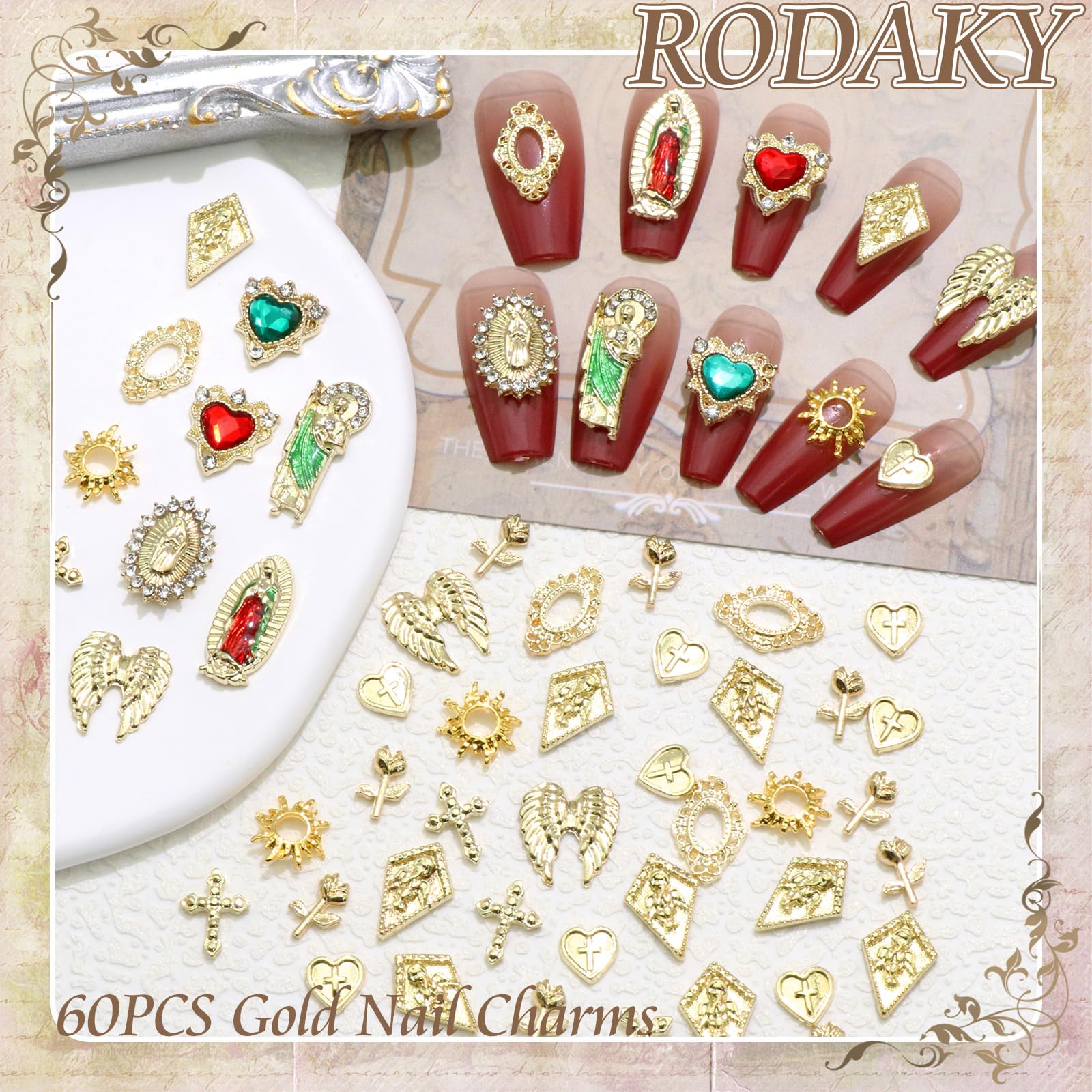 Rodaky 60pcs Gold Nail Charms – Virgin Mary, 3D Heart, Cross & Rose Nail Art