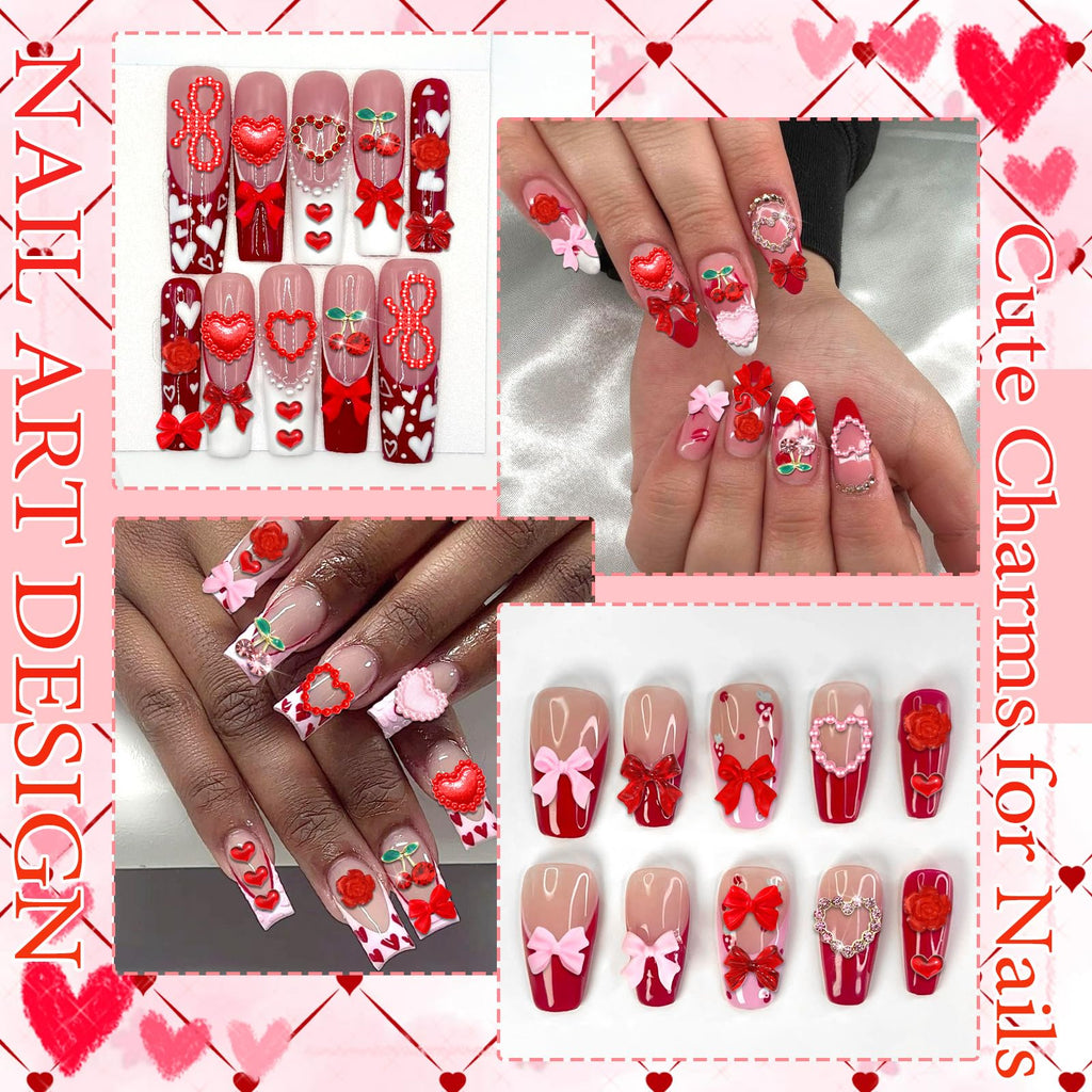 RODAKY Bow Nail Charms Pink Red Heart – 3D Cherry Nail Art Gems