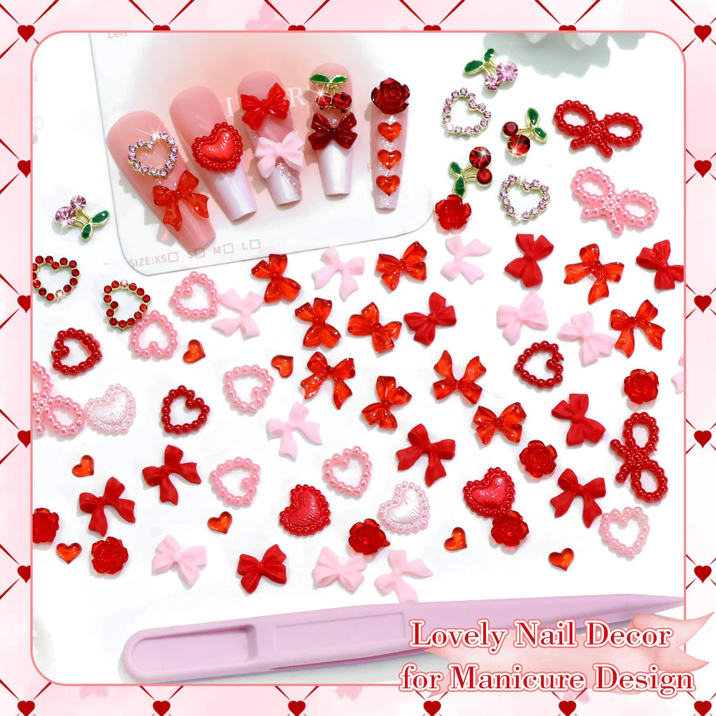 RODAKY Bow Nail Charms Pink Red Heart – 3D Cherry Nail Art Gems