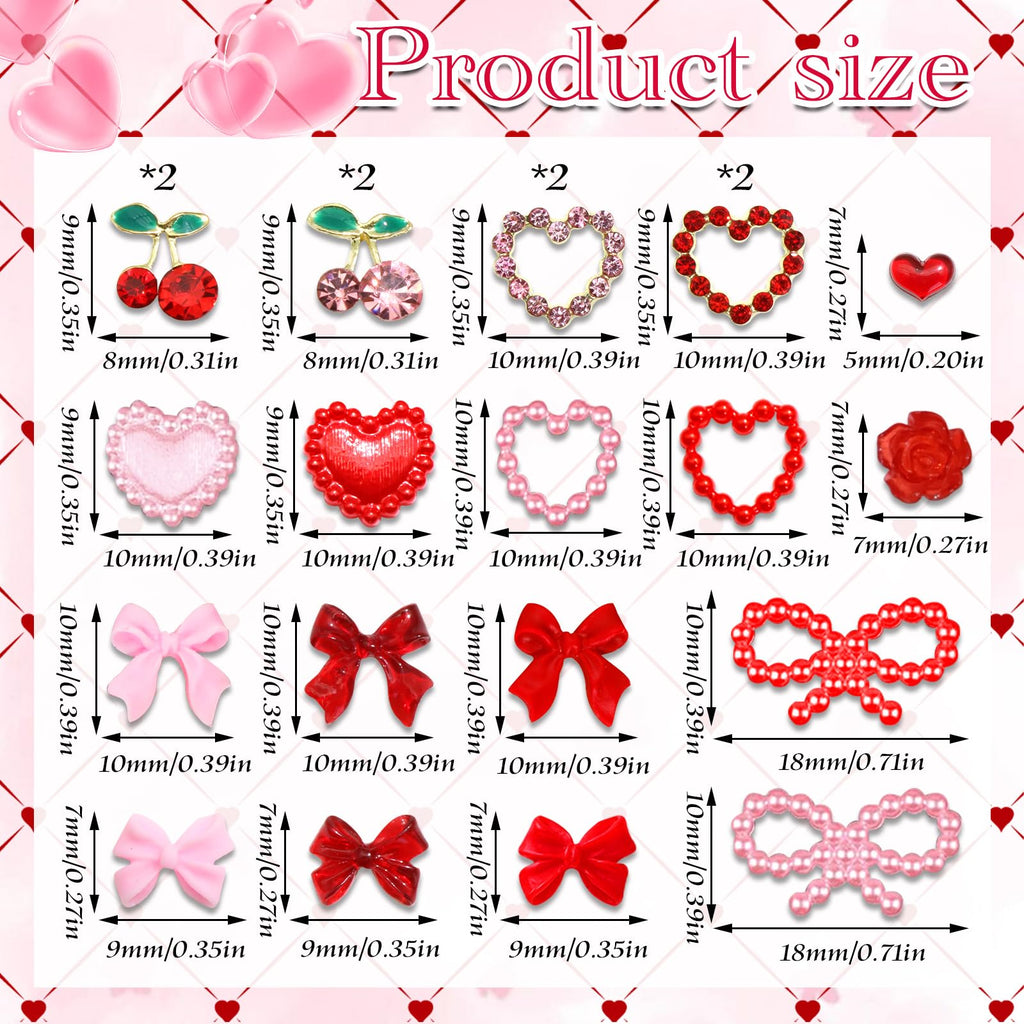 RODAKY Bow Nail Charms Pink Red Heart – 3D Cherry Nail Art Gems