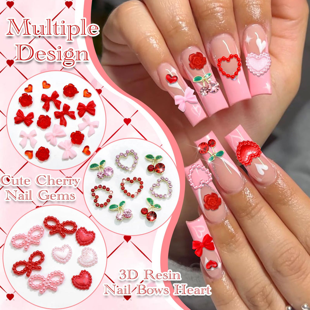 RODAKY Bow Nail Charms Pink Red Heart – 3D Cherry Nail Art Gems