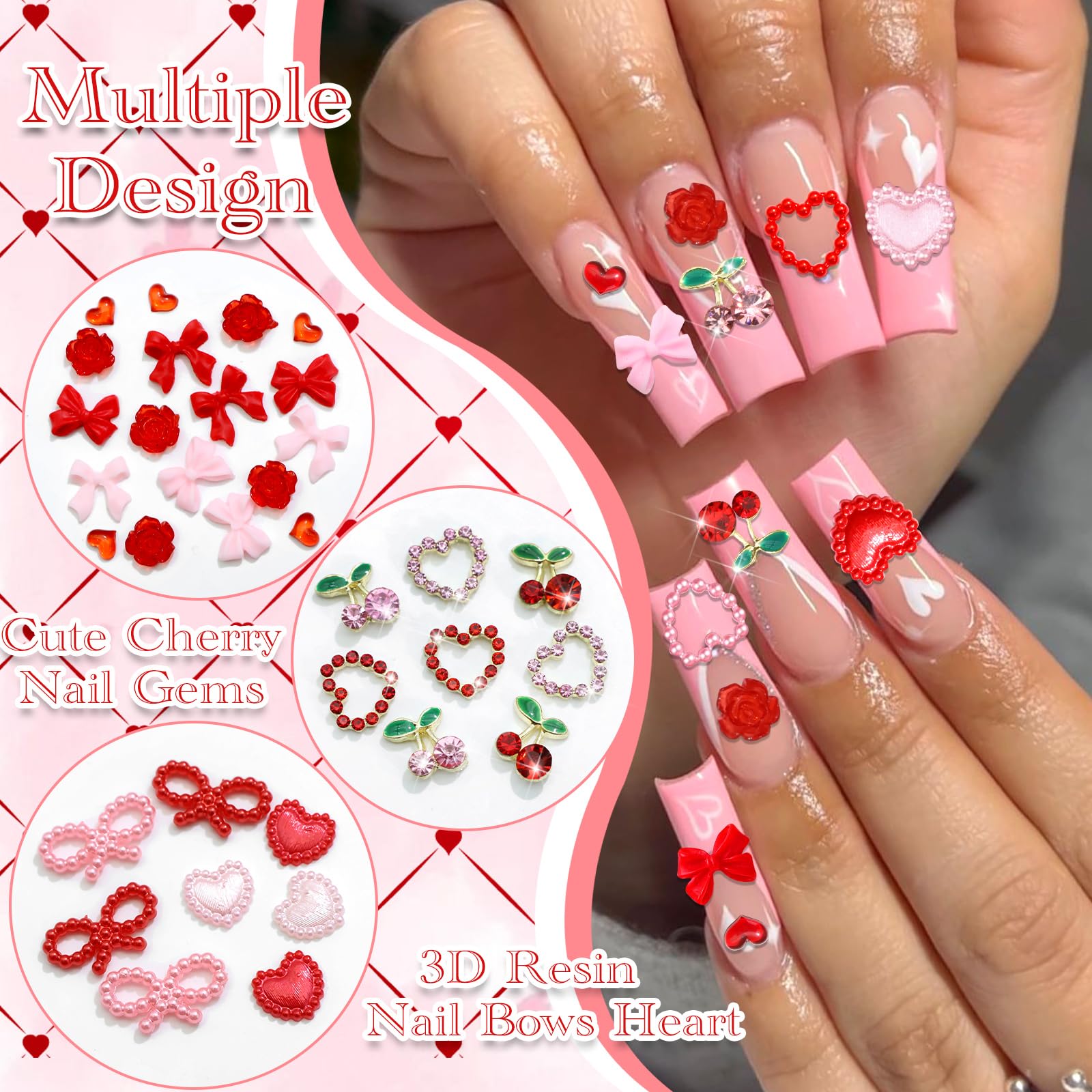 RODAKY Bow Nail Charms Pink Red Heart – 3D Cherry Nail Art Gems