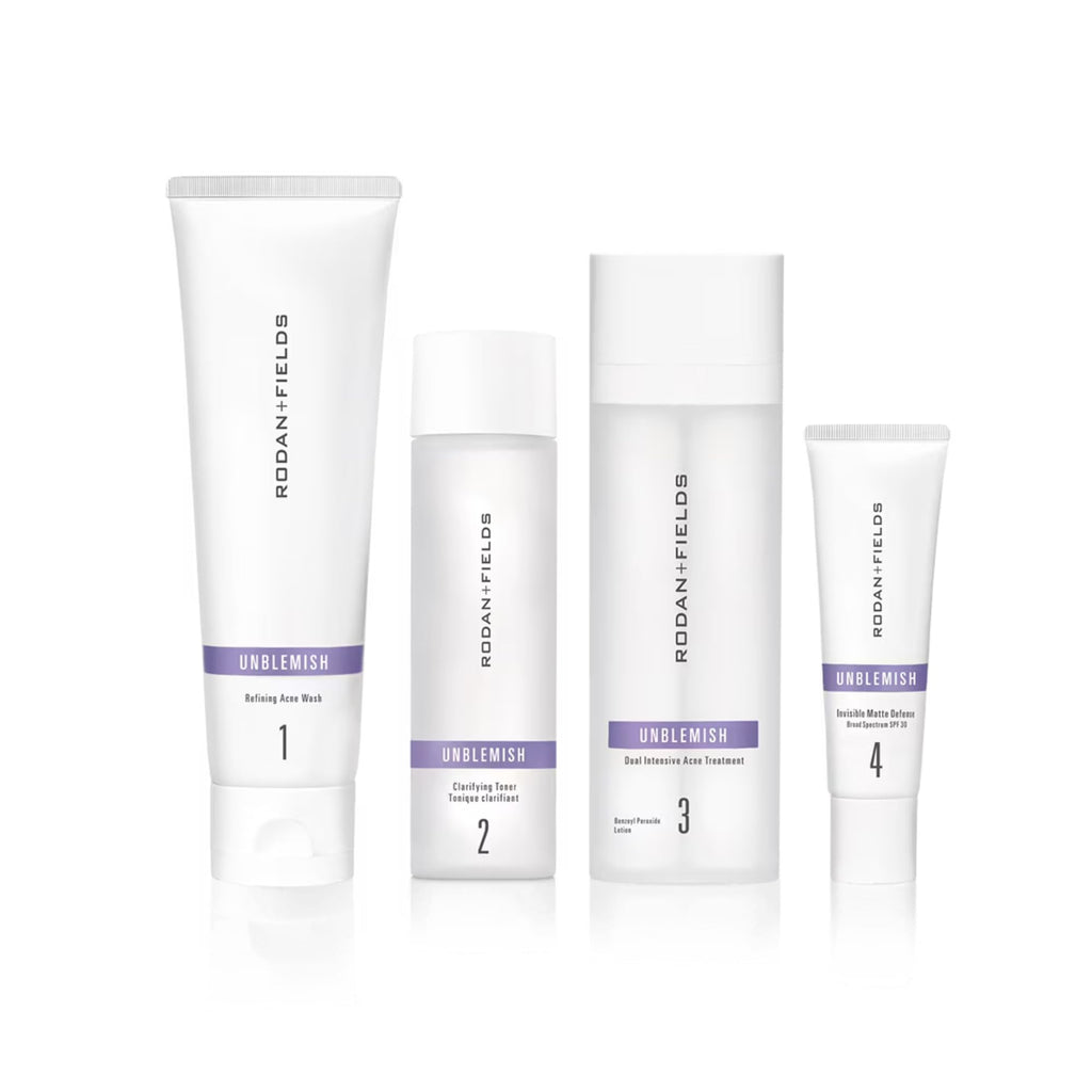 Rodan + Fields Unblemish Regimen – Acne Care Set with Cleanser, Toner, Treatment & SPF 30