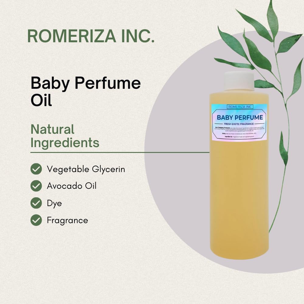 ROMERIZA INC. Baby Essential Fragrance Body Oil – Luxury Unisex Baby Oil Perfume, Soft Baby Powder Scent, 4 Fl Oz
