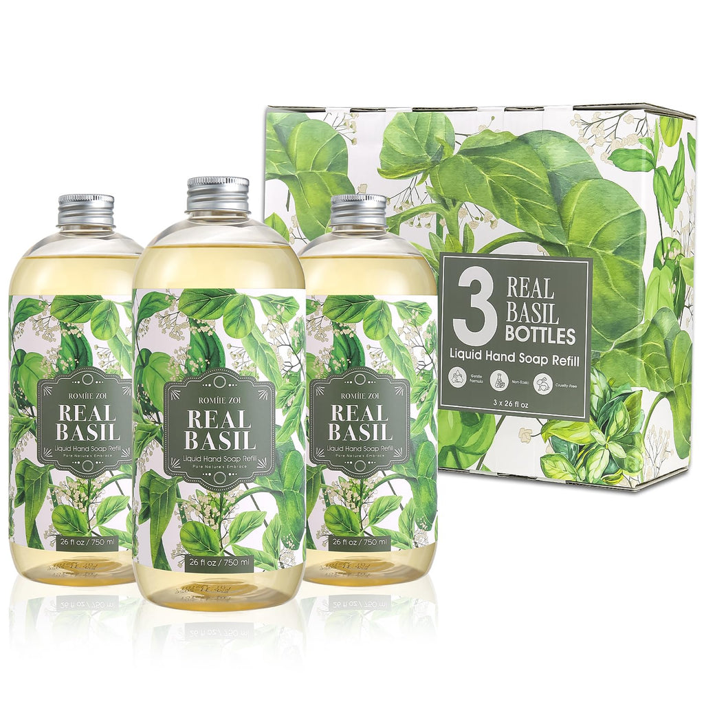 ROMIIE ZOI Basil Hand Soap Refill Gift Set – 3 x 26oz, Plant-Based & Gentle