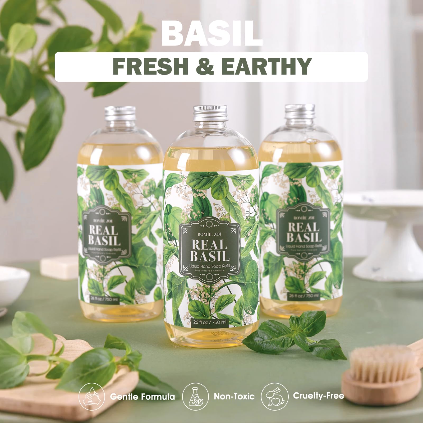 ROMIIE ZOI Basil Hand Soap Refill Gift Set – 3 x 26oz, Plant-Based & Gentle
