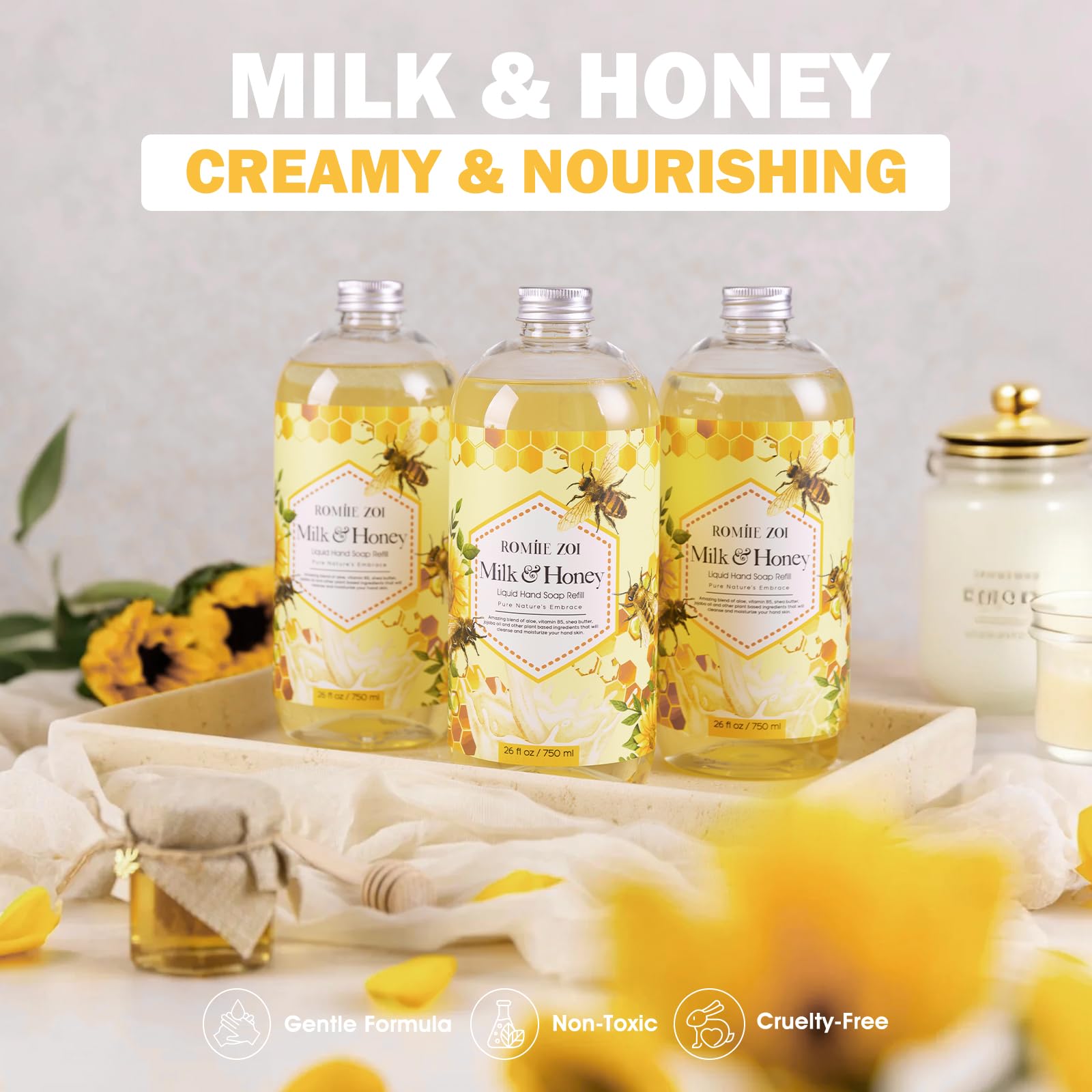 ROMIIE ZOI Liquid Hand Soap Refill Gift Set – 3 Pack (26 Fl Oz Each) Honey & Milk Scent