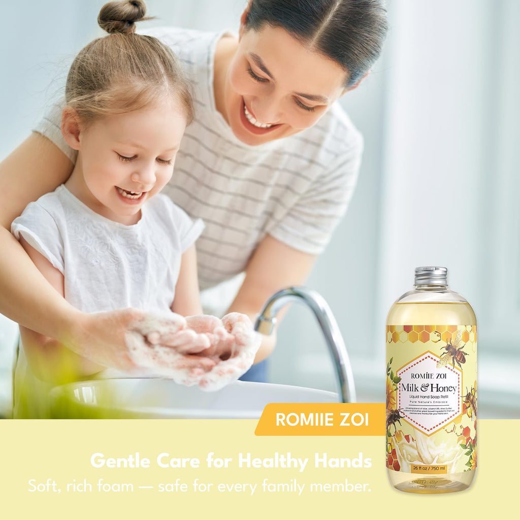 ROMIIE ZOI Liquid Hand Soap Refill Gift Set – 3 Pack (26 Fl Oz Each) Honey & Milk Scent