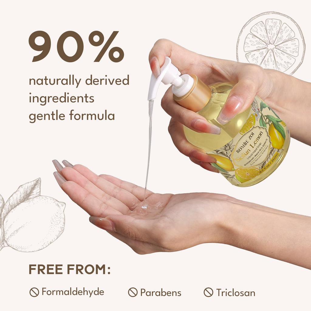 ROMIIE ZOI Lemon Scent Liquid Hand Soap Refills – Natural, Gentle & Moisturizing Formula – Family Size 3 Pack for Kitchen & Bathroom