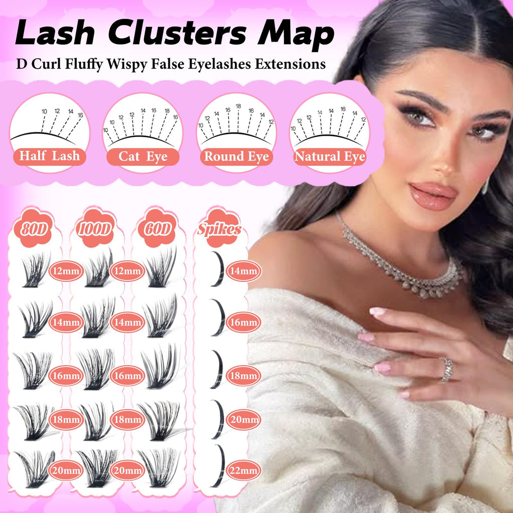 Rootoo Lash Clusters Kit with Spikes — 60D+100D Left/Right D Curl Fluffy Wispy DIY Manga Lashes (12–22mm)