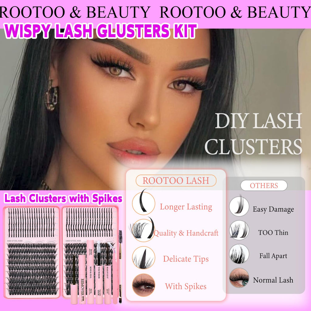 Rootoo Lash Clusters Kit with Spikes — 60D+100D Left/Right D Curl Fluffy Wispy DIY Manga Lashes (12–22mm)