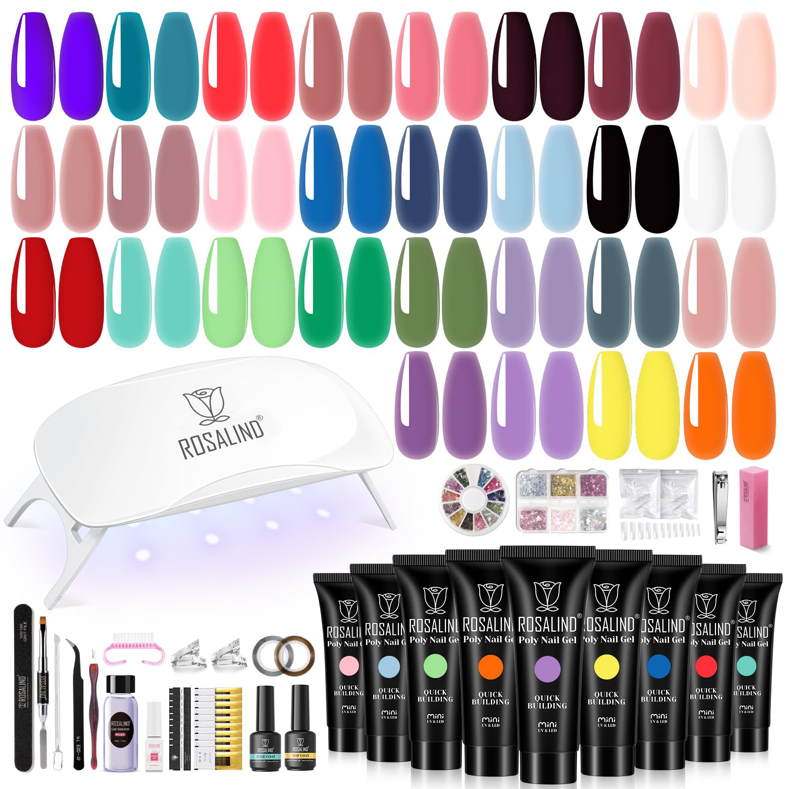 ROSALIND 28 Colors Neon Poly Nail Gel Kit with Mini Lamp – Beginner Starter Set