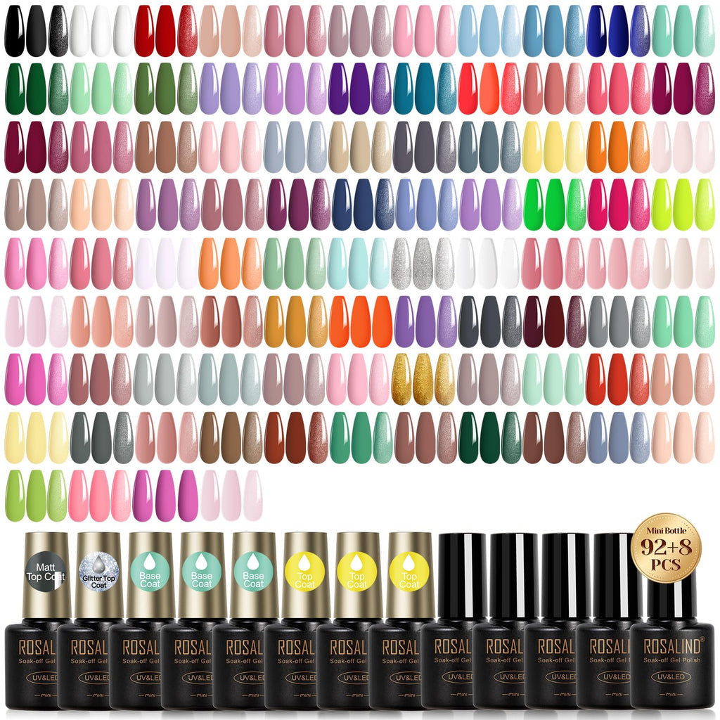 ROSALIND 100PCS Gel Nail Polish Set: 92 Colors + 8 Base/Top Coats – Starter Kit