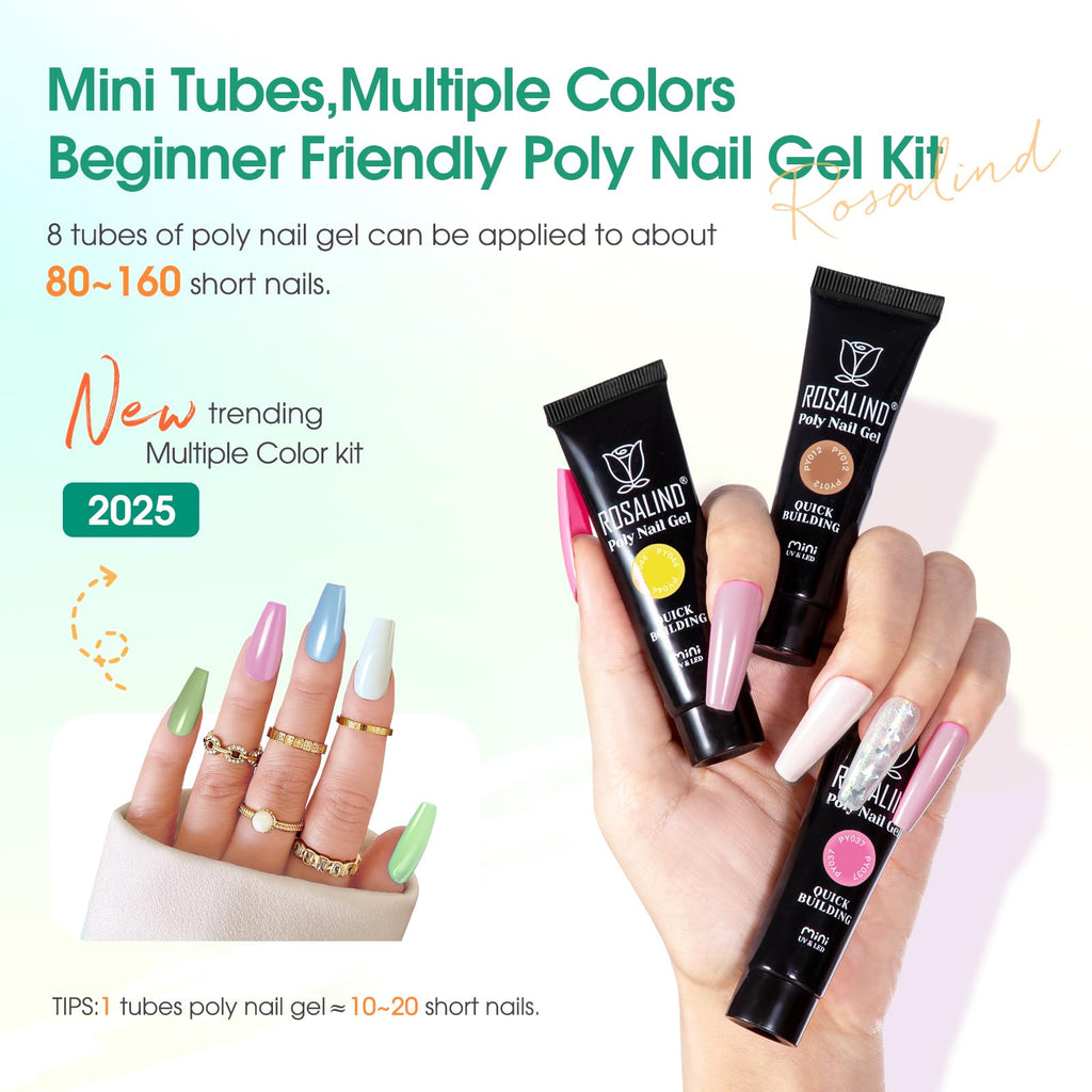 ROSALIND 8PCS Poly Nail Gel Kit with Mini UV Lamp | Starter Nail Extensions