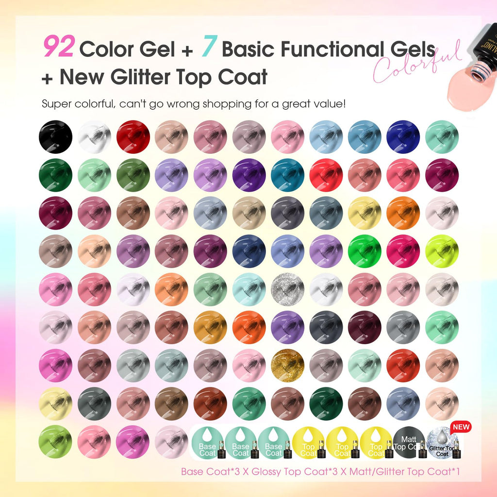 ROSALIND 100PCS Gel Nail Polish Set: 92 Colors + 8 Base/Top Coats – Starter Kit