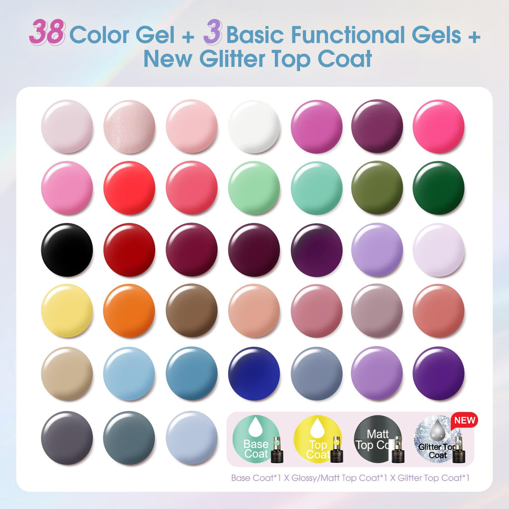 ROSALIND Gel Nail Polish Set – 38 Colors for All Seasons with Base Coat & Glossy/Matte/Glitter Top Coats | DIY Manicure Kit