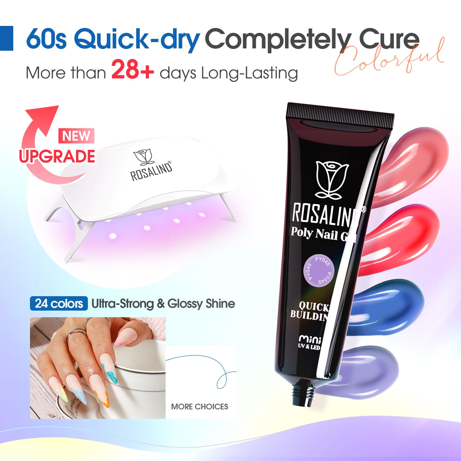 ROSALIND Poly Nail Gel Kit – 24 Neon Colors Starter Set with Mini UV Lamp & Accessories
