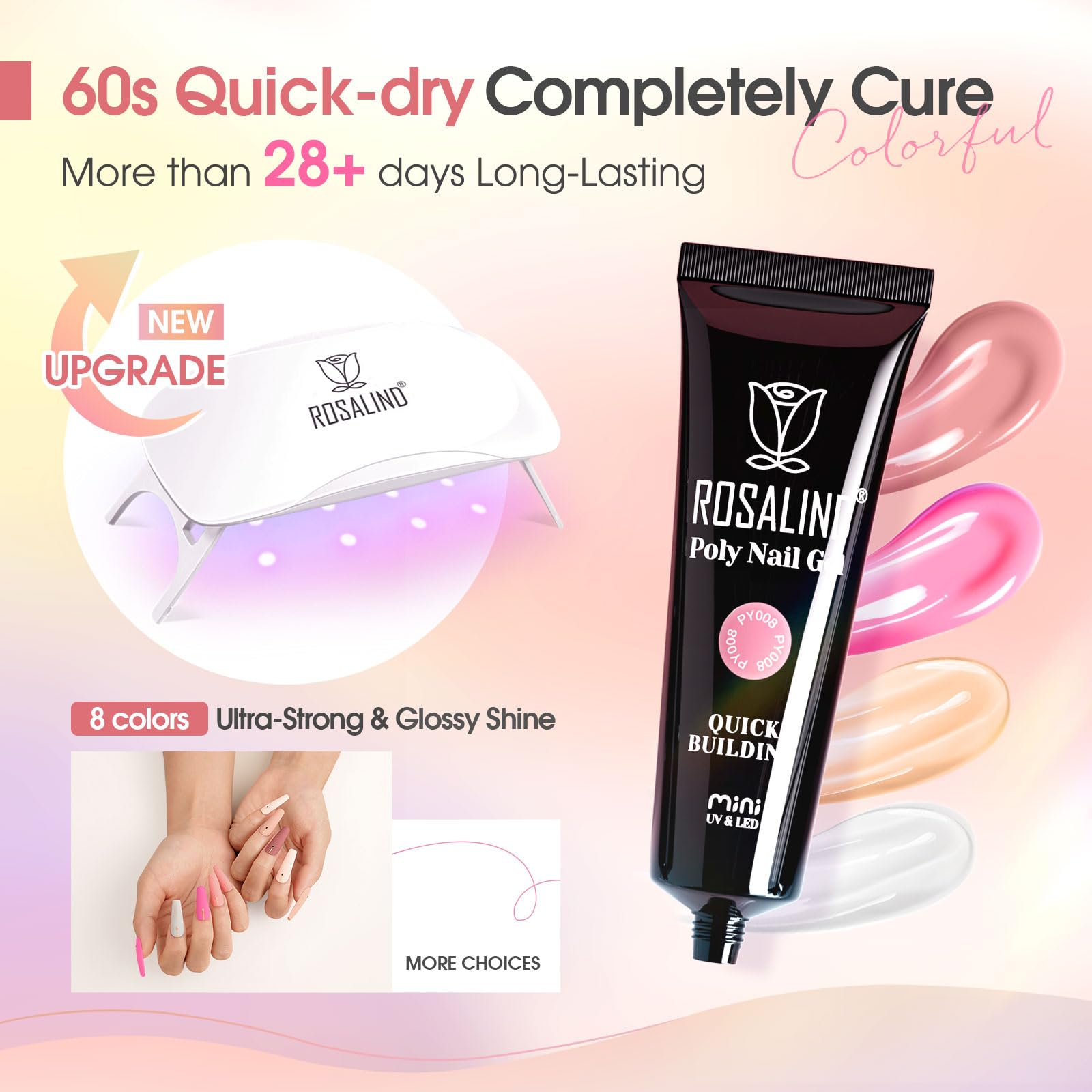 ROSALIND 8PCS Poly Nail Gel Kit with Mini Nail Lamp – Starter Set