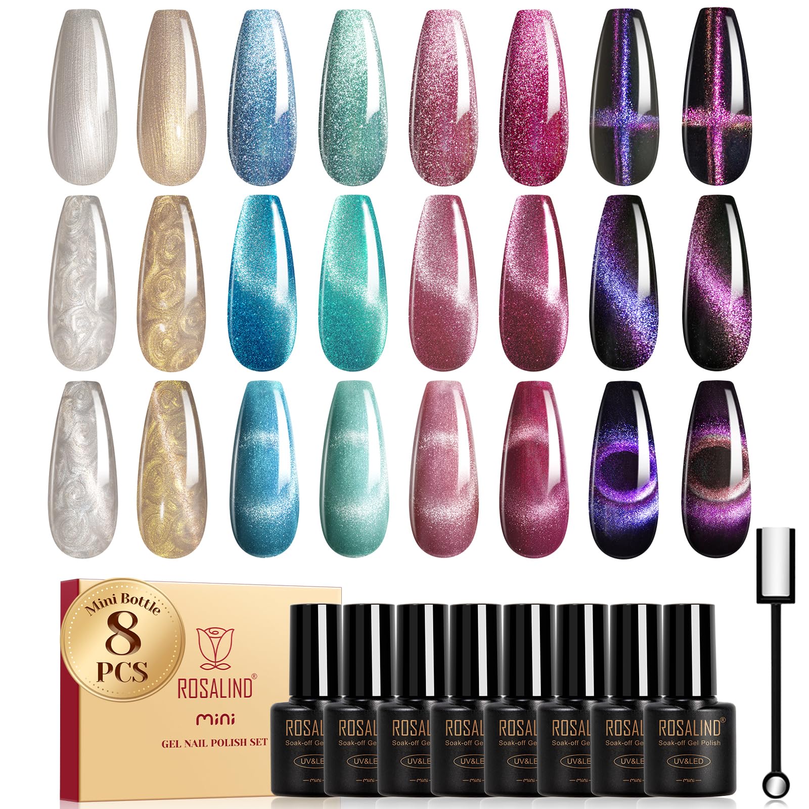 ROSALIND Cateye Gel Polish 8-Color Set — Magnetic Cat Eye Nail Polish Galaxy Collection