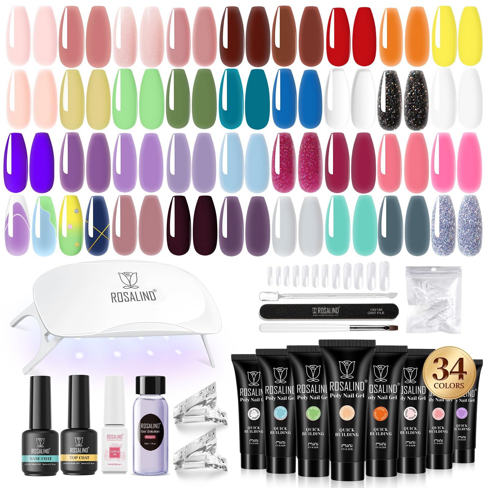 ROSALIND Colorful Poly Nail Gel Kit – 34 Colors + Neon Accessories + Mini UV Lamp