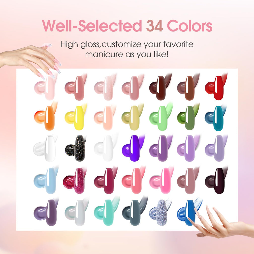 ROSALIND Colorful Poly Nail Gel Kit – 34 Colors + Neon Accessories + Mini UV Lamp