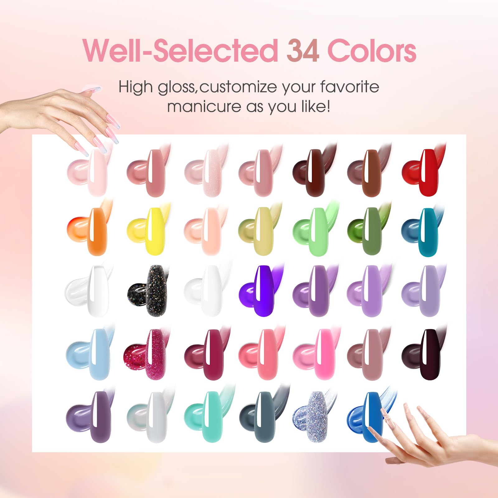 ROSALIND Colorful Poly Nail Gel Kit – 34 Colors + Neon Accessories + Mini UV Lamp