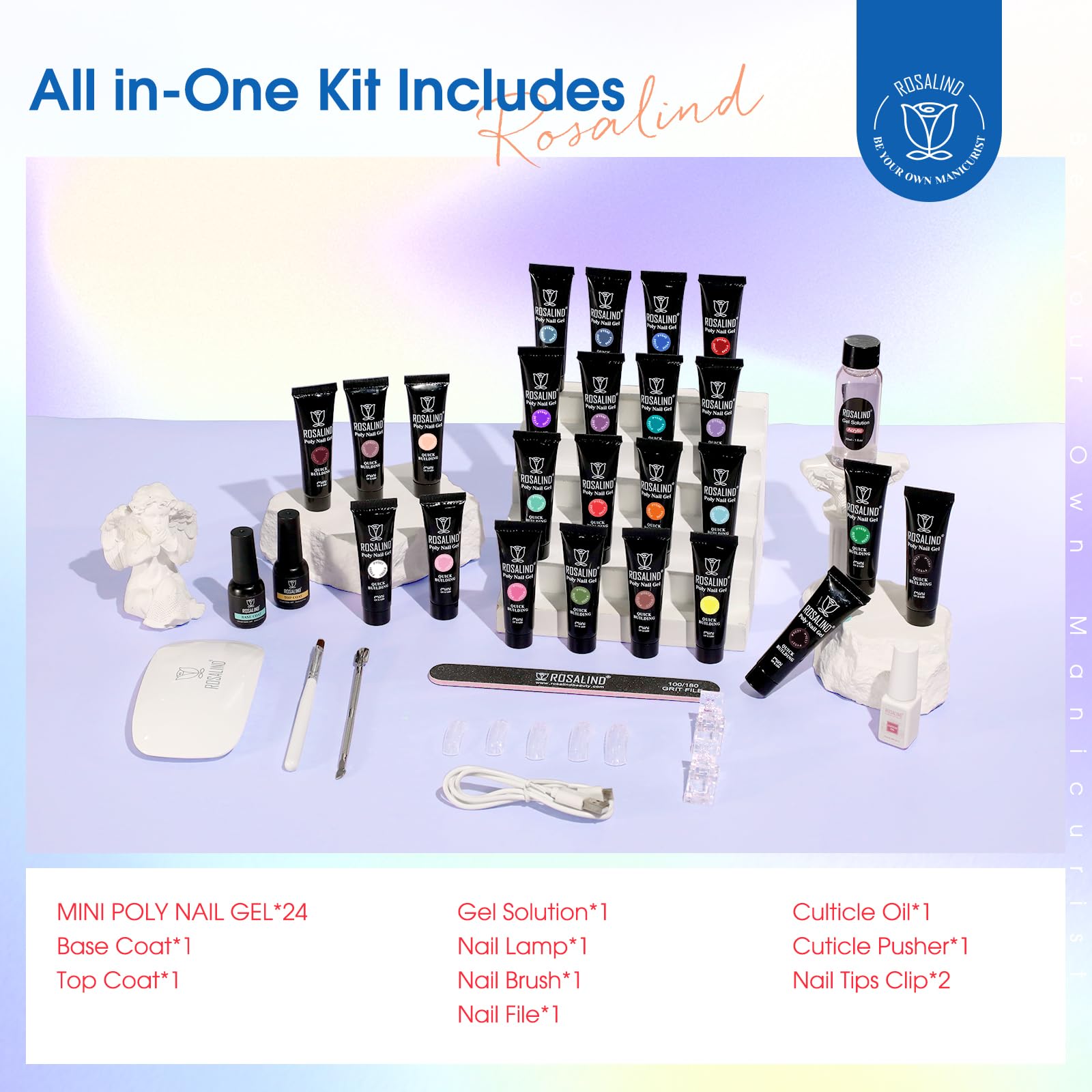 ROSALIND Poly Nail Gel Kit – 24 Neon Colors Starter Set with Mini UV Lamp & Accessories