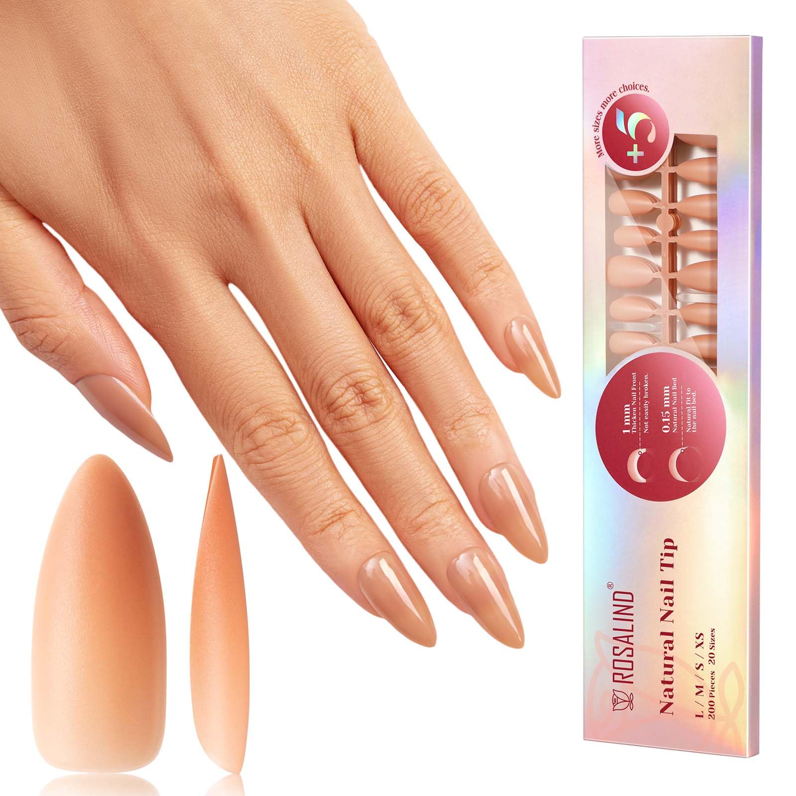 ROSALIND Deep Nude Almond Nail Tips – 200 Pcs Full Cover, 20 Sizes, Natural Brown