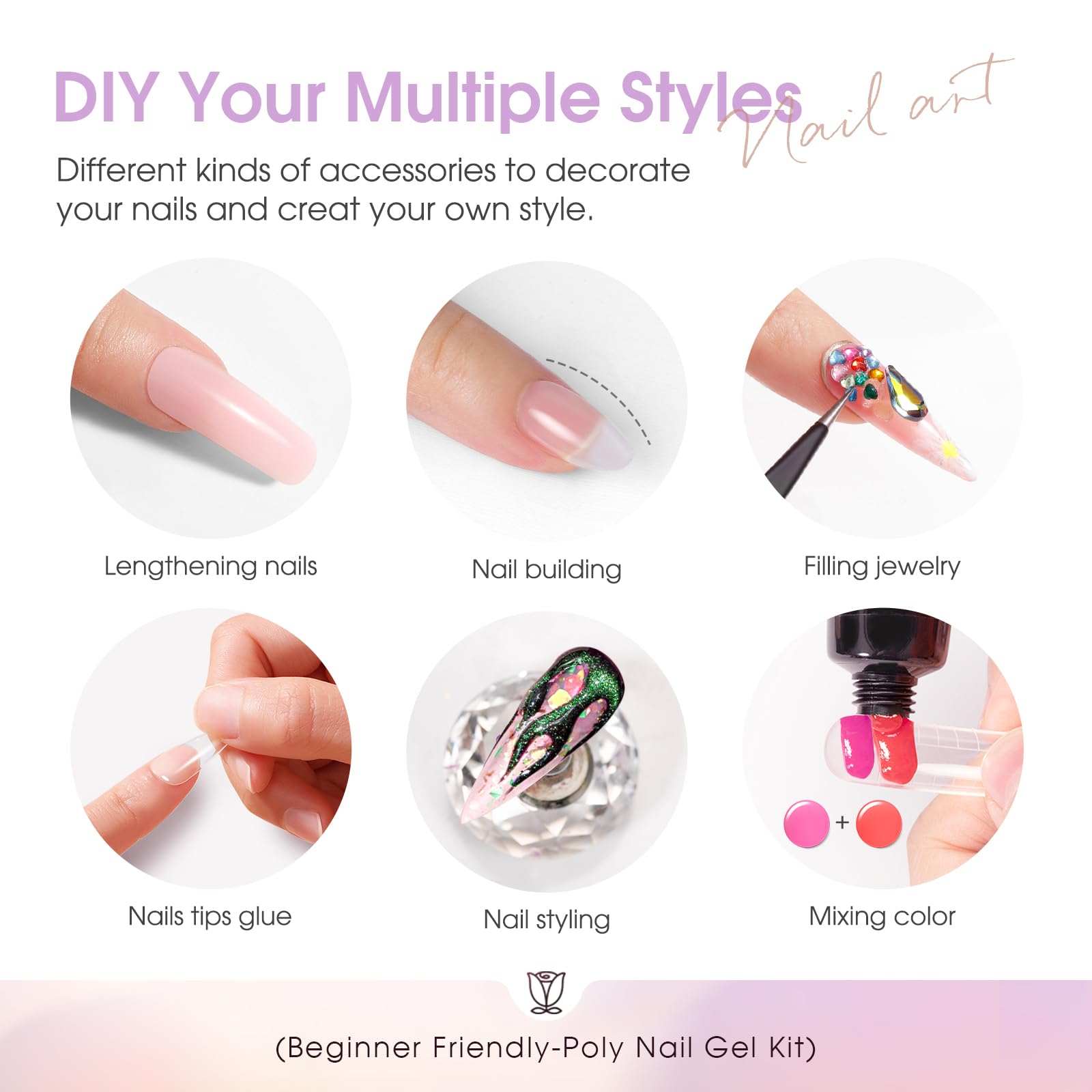 ROSALIND Poly Nail Gel Kit – 38 Classic Colors + 72 Nail Art Accessories | Mini UV Lamp Starter Kit