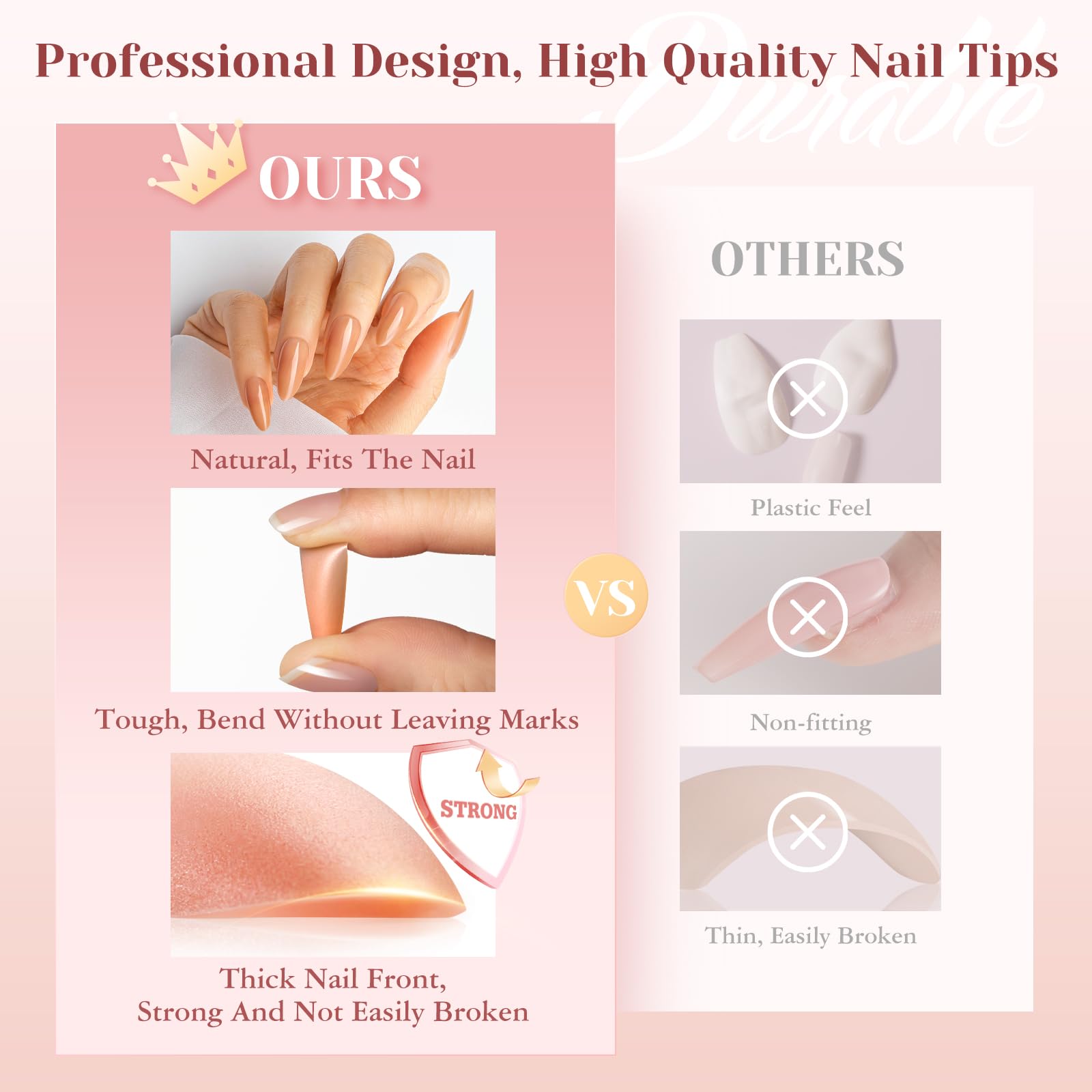 ROSALIND Deep Nude Almond Nail Tips – 200 Pcs Full Cover, 20 Sizes, Natural Brown