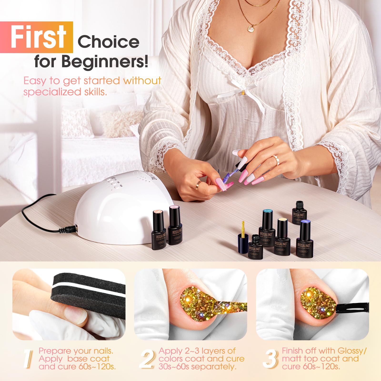ROSALIND Glitter Gel Polish – 8-Color Diamond Sparkle Gel Nail Kit