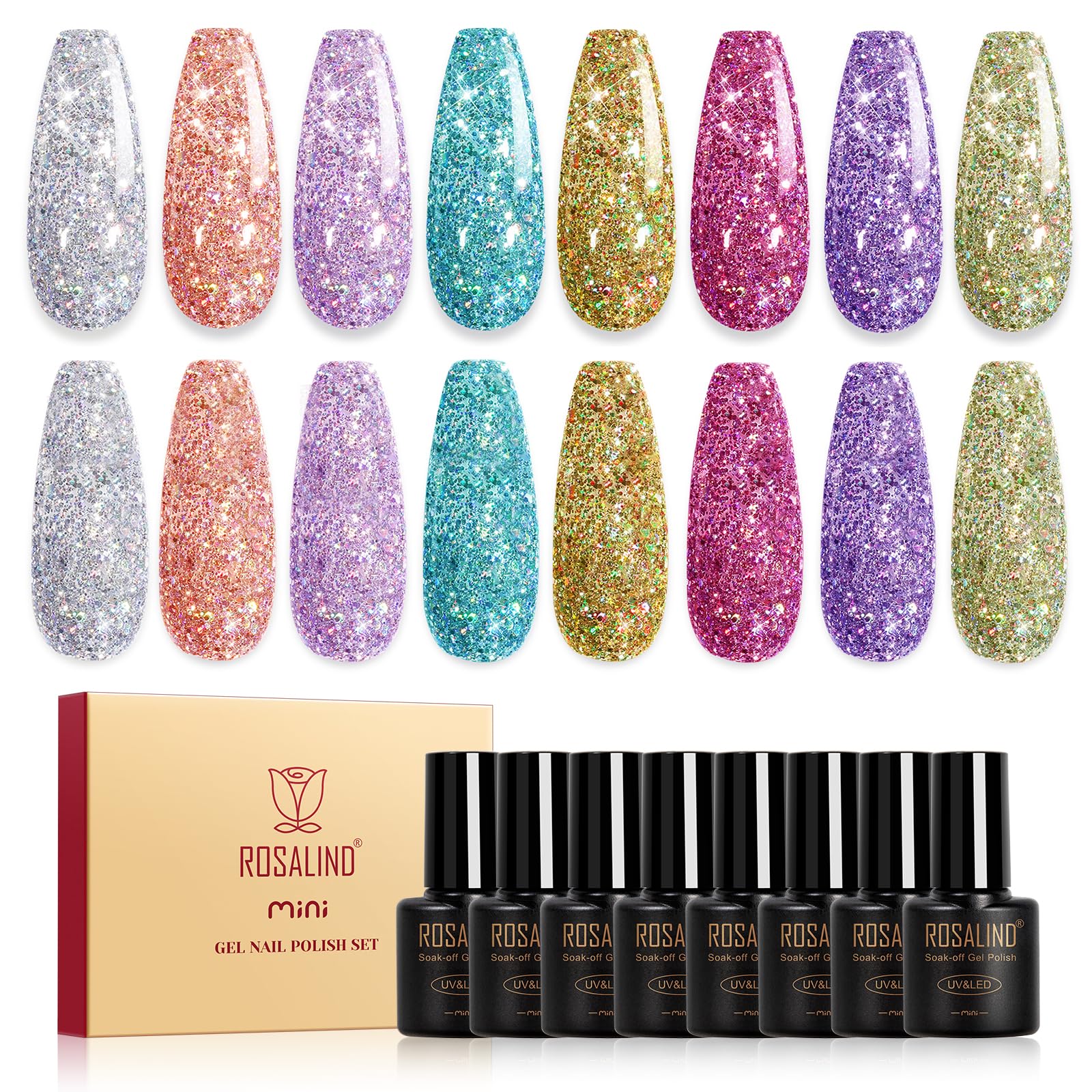 ROSALIND Glitter Gel Polish – 8-Color Diamond Sparkle Gel Nail Kit