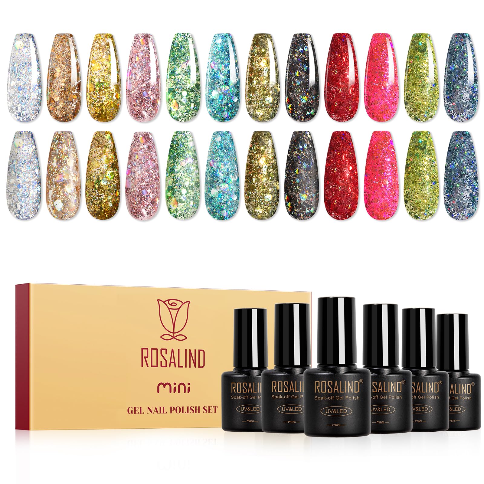 ROSALIND Glitter Sequins Gel Polish Set — 12-Color Sparkling Gel Nails